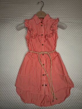 Brunello Cucinelli Girls’ Red and White Striped Ruffle Shirt Dress